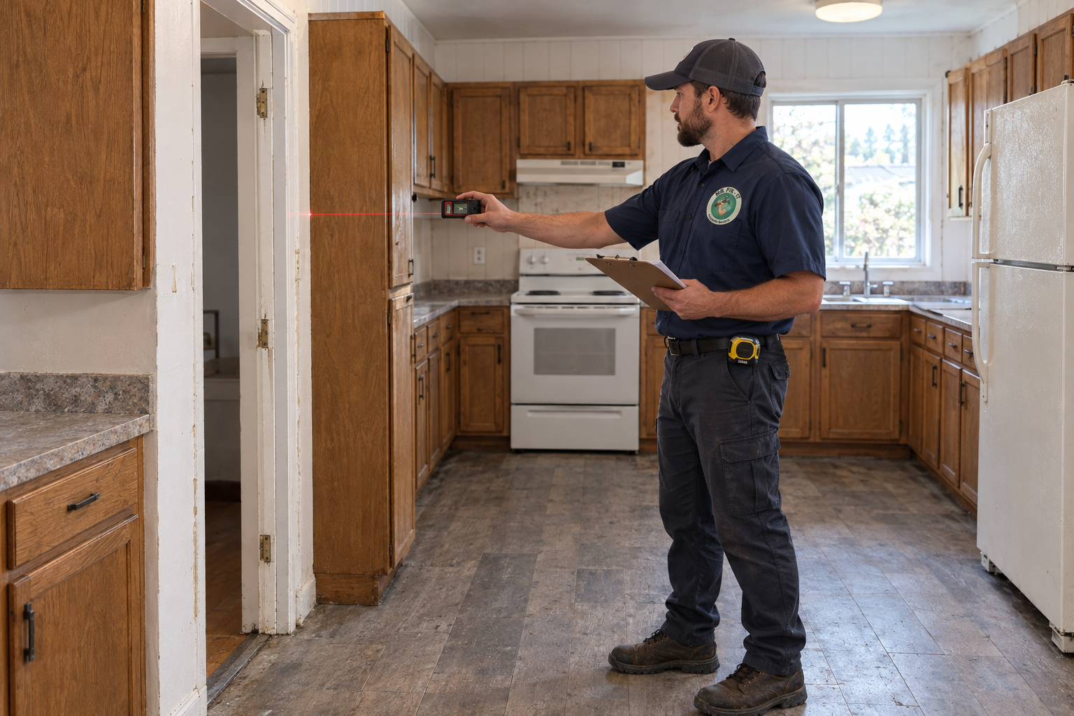Renovation auditor checking kitchen safety and layout conditions before demolition