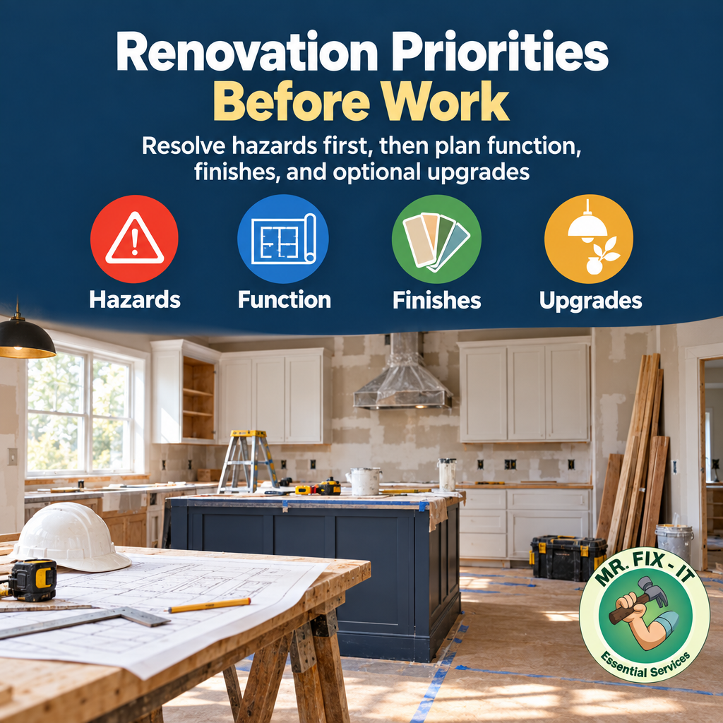 Four-stage renovation priority sequence from hazards to optional upgrades