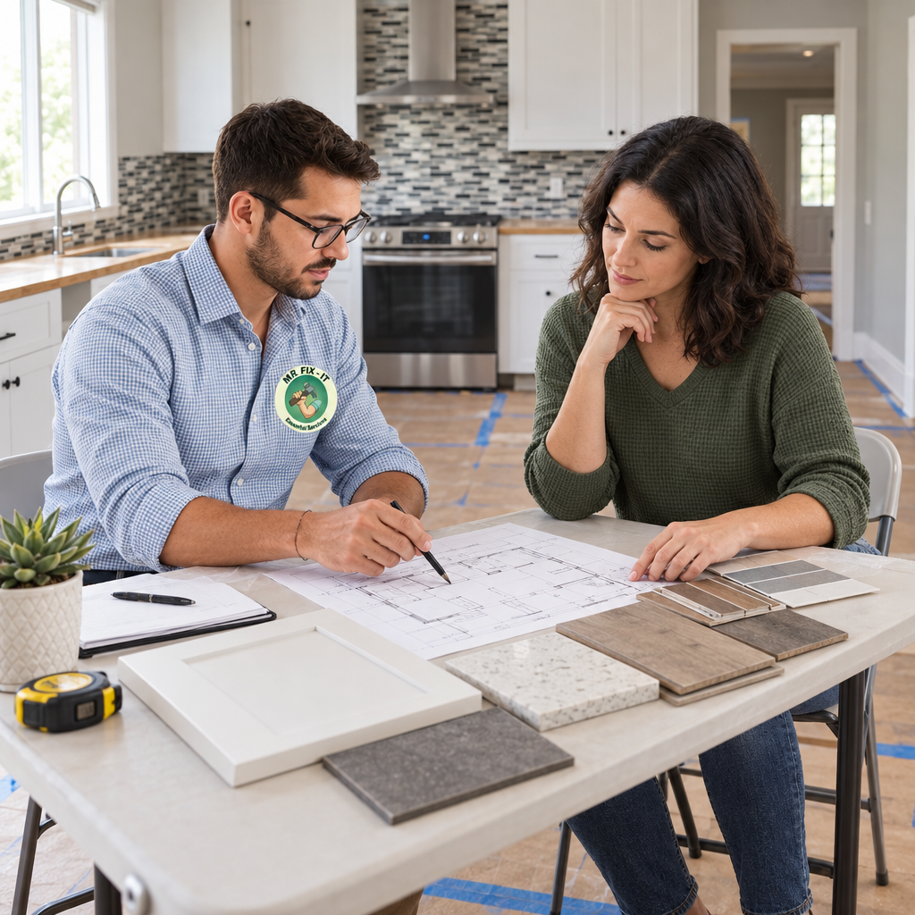Homeowner reviewing a proposed kitchen layout beside measured renovation materials