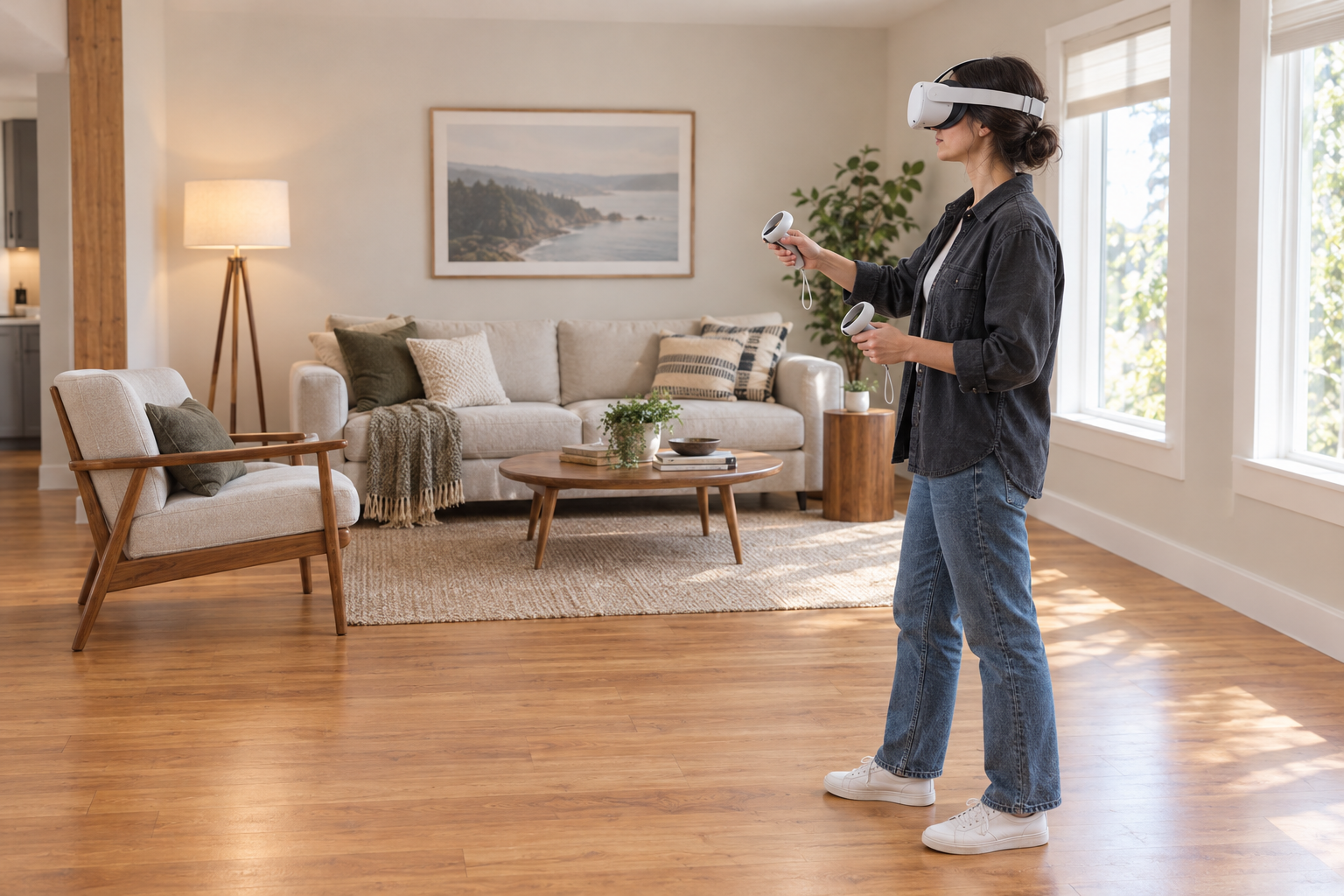 Interior designer using a VR headset to evaluate a proposed room layout before remodeling
