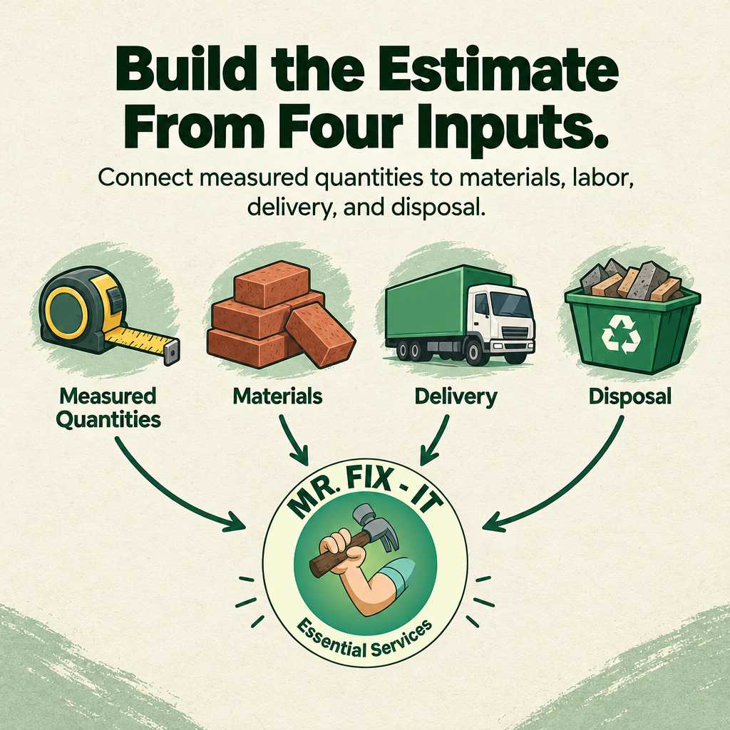 Four-part renovation budget diagram linking quantities, selections, labor, and delivery costs
