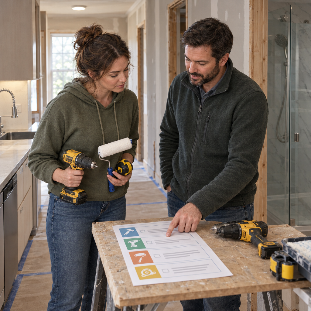 Renovation advisor and homeowner comparing task notes and tools at a partially finished home